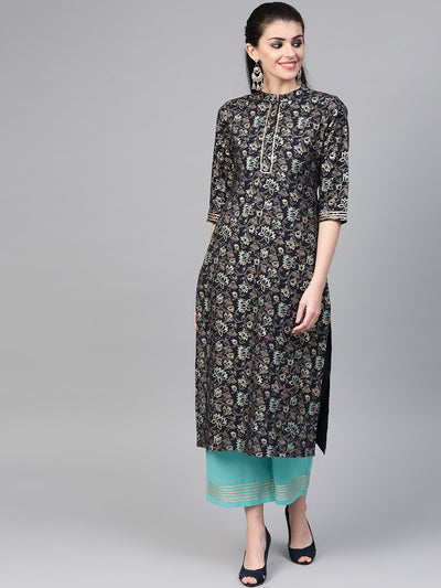 Nayo Women Navy Blue & Blue Straight Floral Printed Kurta And Palazzos Set
