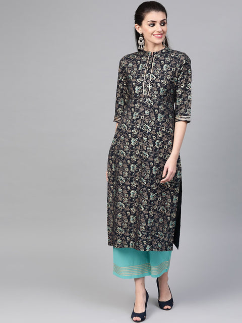 Nayo Women Navy Blue & Blue Straight Floral Printed Kurta And Palazzos Set