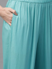 Nayo Women Navy Blue & Blue Straight Floral Printed Kurta And Palazzos Set