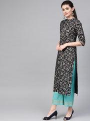 Nayo Women Navy Blue & Blue Straight Floral Printed Kurta And Palazzos Set