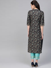Nayo Women Navy Blue & Blue Straight Floral Printed Kurta And Palazzos Set