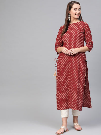 Nayo Women Maroon & Cream Cotton Straight Ethnic Motifs Printed Kurta