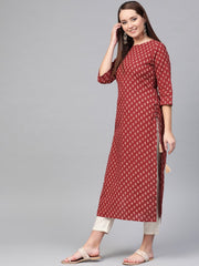 Nayo Women Maroon & Cream Cotton Straight Ethnic Motifs Printed Kurta