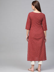 Nayo Women Maroon & Cream Cotton Straight Ethnic Motifs Printed Kurta