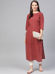 Nayo Women Maroon & Cream Cotton Straight Ethnic Motifs Printed Kurta
