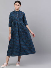 Women Navy Blue Bohemian Printed Mandarin Collar Cotton A-Line Dress