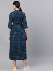 Women Navy Blue Bohemian Printed Mandarin Collar Cotton A-Line Dress