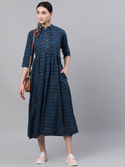Women Navy Blue Bohemian Printed Mandarin Collar Cotton A-Line Dress