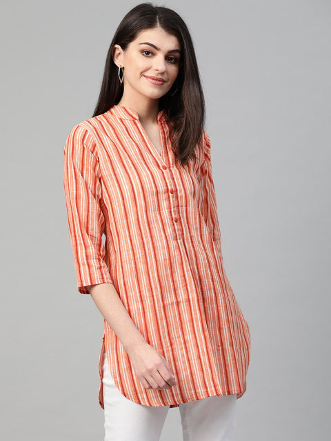 Nayo Women Peach & Orange Cotton Striped Mandarin Collar Tunic