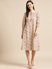 Women Beige & Red Floral Printed Fit and Flare Dress
