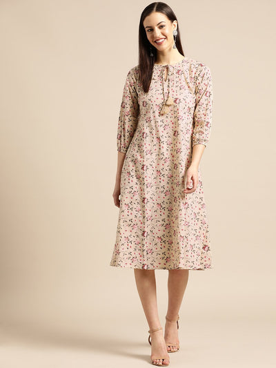 Women Beige & Red Floral Printed Fit and Flare Dress