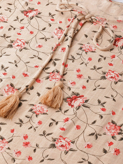 Women Beige & Red Floral Printed Fit and Flare Dress