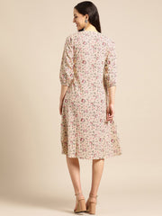 Women Beige & Red Floral Printed Fit and Flare Dress