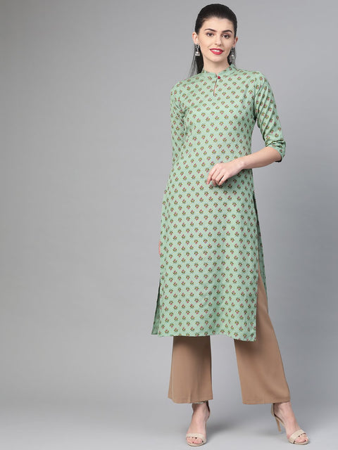 Women Green & Mauve Cotton Straight Floral Printed Kurta