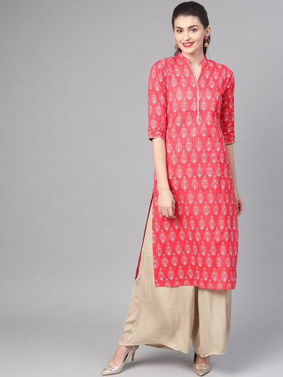 Nayo Women Pink & Gold Cotton Straight Floral Printed Kurta