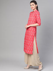 Nayo Women Pink & Gold Cotton Straight Floral Printed Kurta