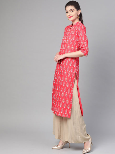 Nayo Women Pink & Gold Cotton Straight Floral Printed Kurta