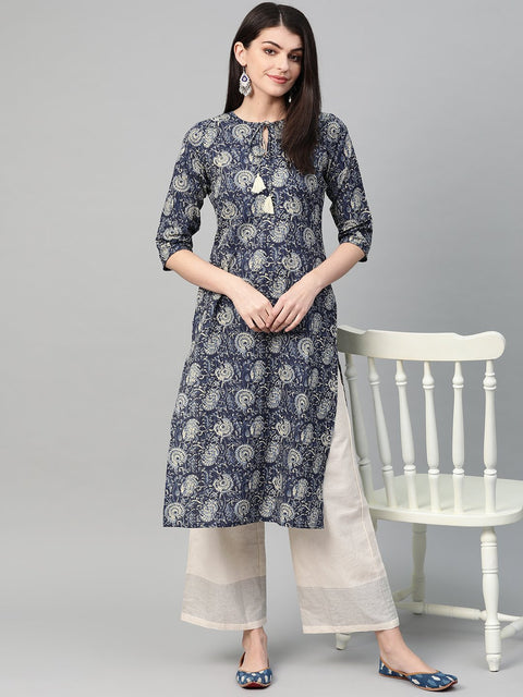 Nayo Women Navy Blue & Cream Cotton Straight Floral Printed Kurta