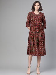 Nayo Women Black & Orange Floral Printed Fit and Flare Dress