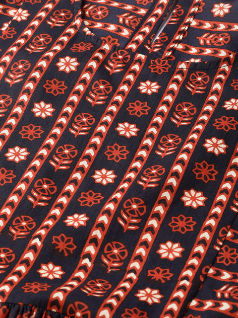 Nayo Women Black & Orange Floral Printed Fit and Flare Dress