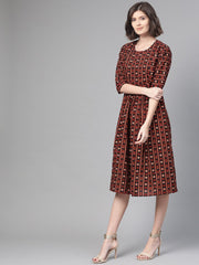 Nayo Women Black & Orange Floral Printed Fit and Flare Dress