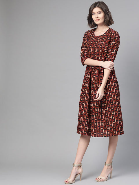 Nayo Women Black & Orange Floral Printed Fit and Flare Dress