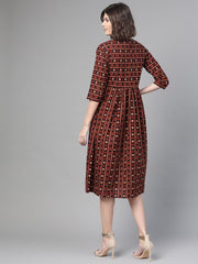 Nayo Women Black & Orange Floral Printed Fit and Flare Dress