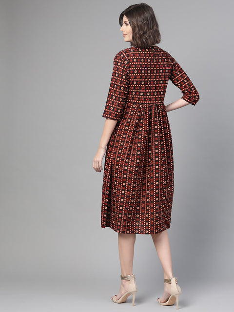 Nayo Women Black & Orange Floral Printed Fit and Flare Dress