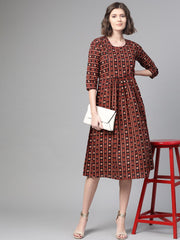 Nayo Women Black & Orange Floral Printed Fit and Flare Dress