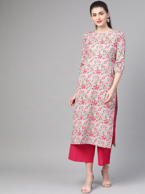 Nayo Women Grey & Pink Cotton Straight Floral Printed Kurta