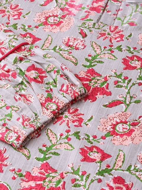 Nayo Women Grey & Pink Cotton Straight Floral Printed Kurta