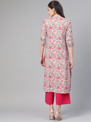Nayo Women Grey & Pink Cotton Straight Floral Printed Kurta