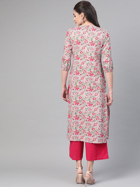 Nayo Women Grey & Pink Cotton Straight Floral Printed Kurta