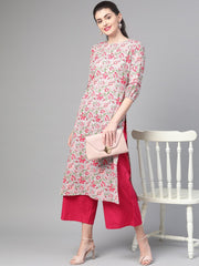Nayo Women Grey & Pink Cotton Straight Floral Printed Kurta