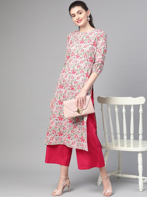 Nayo Women Grey & Pink Cotton Straight Floral Printed Kurta