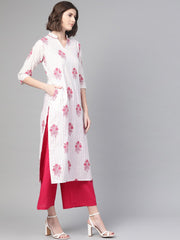Nayo Women White & Pink Cotton Straight Floral Printed Kurta