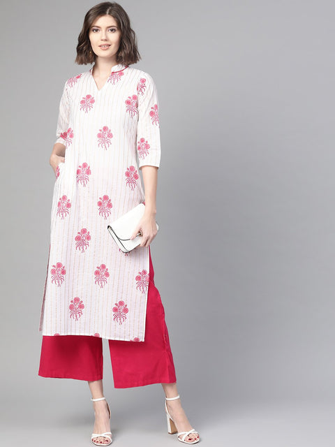 Nayo Women White & Pink Cotton Straight Floral Printed Kurta