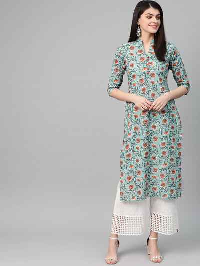 Nayo Women Green & Orange Cotton Straight Floral Printed Kurta