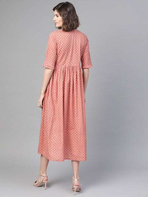 Nayo Women Peach & Floral Printed A-Line Dress