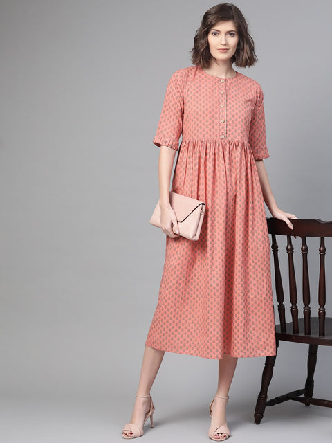 Nayo Women Peach & Floral Printed A-Line Dress