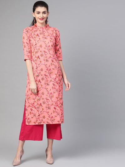 Nayo Women Pink & Mustard Cotton Straight Floral Printed Kurta