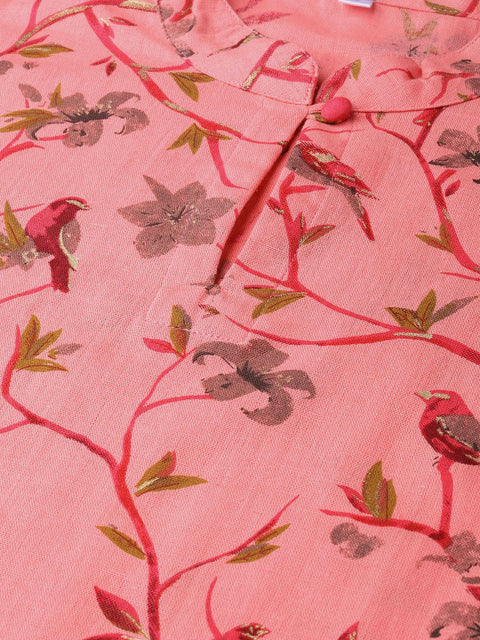 Nayo Women Pink & Mustard Cotton Straight Floral Printed Kurta