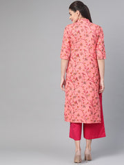 Nayo Women Pink & Mustard Cotton Straight Floral Printed Kurta