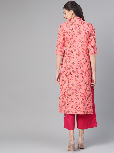 Nayo Women Pink & Mustard Cotton Straight Floral Printed Kurta