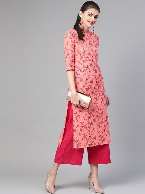 Nayo Women Pink & Mustard Cotton Straight Floral Printed Kurta