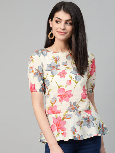 Nayo Women Cream & Pink Regular Printed Top