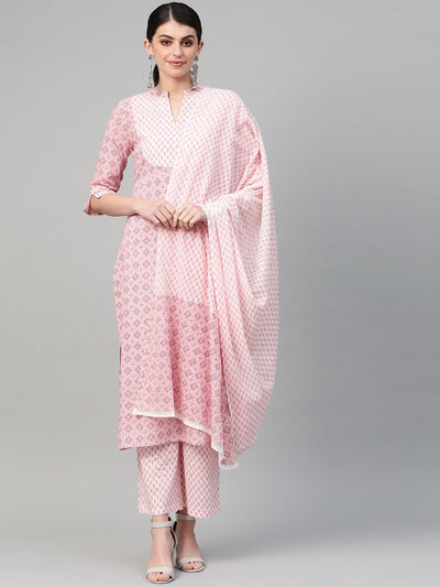 Nayo Women Pink & white Straight Geometric Printed Kurta And Palazzos Set