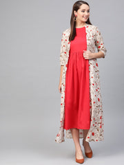 Nayo Women Red & Beige Floral Printed Maxi Dress