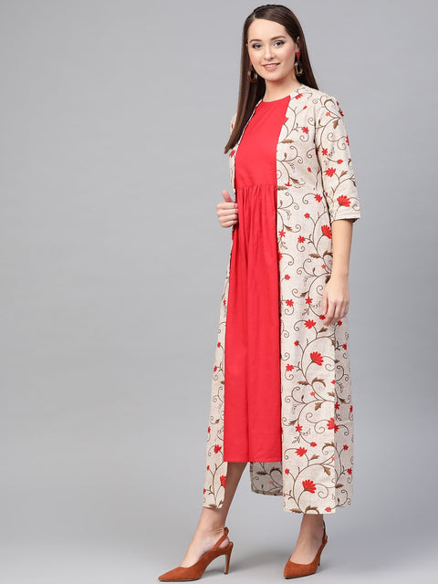 Nayo Women Red & Beige Floral Printed Maxi Dress