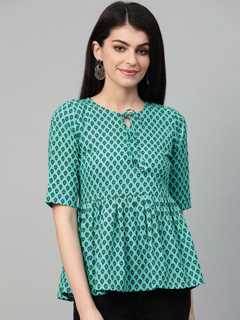 Nayo Women Blue & Green Peplum Printed Top